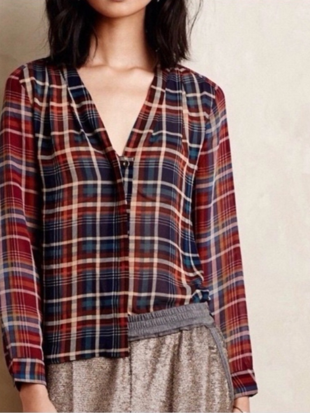 Maeve by Anthropologie Plaid V-Neck Button Front Blouse XS